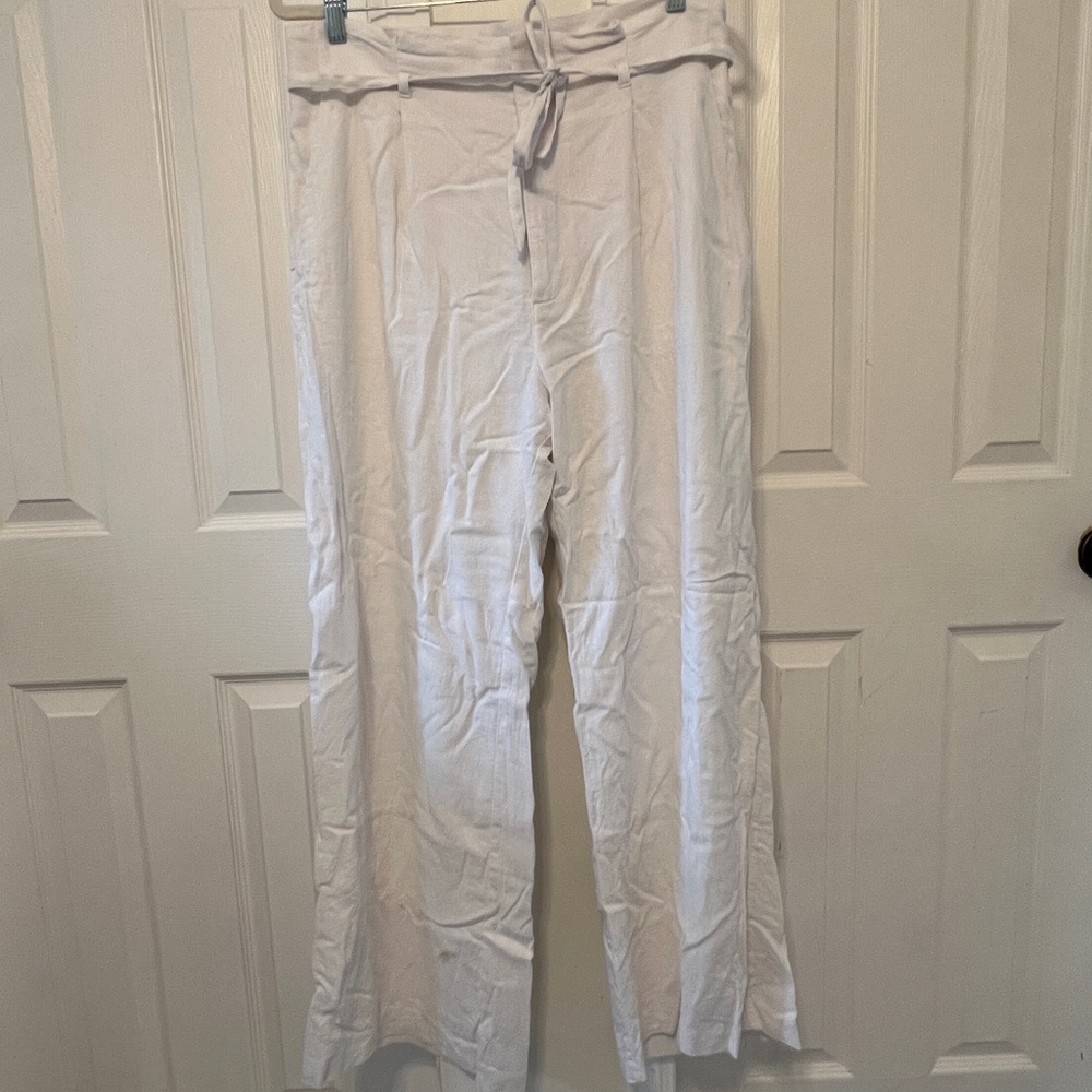 Abercrombie White Linen Wide-Leg Pants with Tie Belt – High Waisted, Size Large